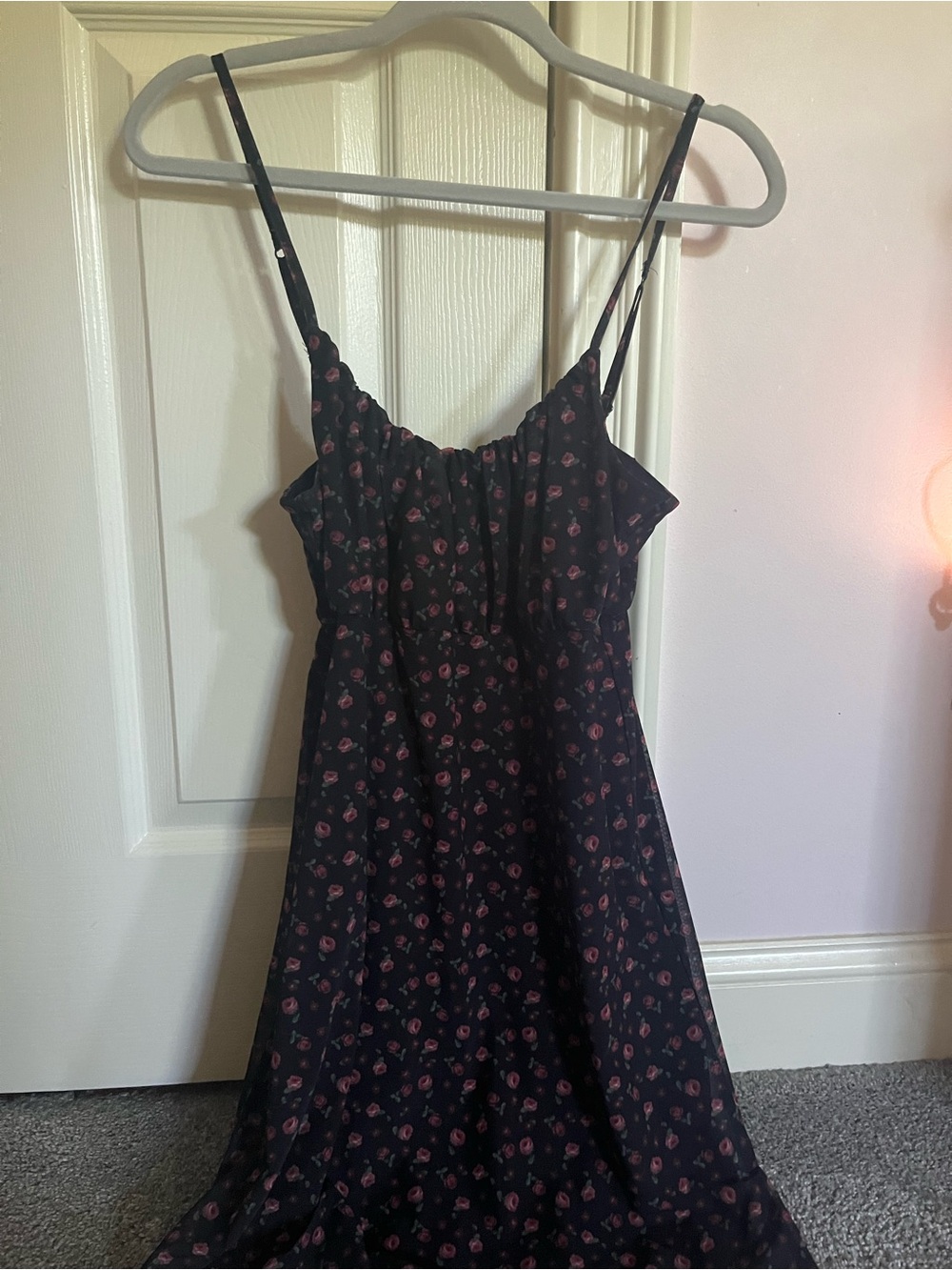 Hollister Black Midi Dress with Pink Floral Print